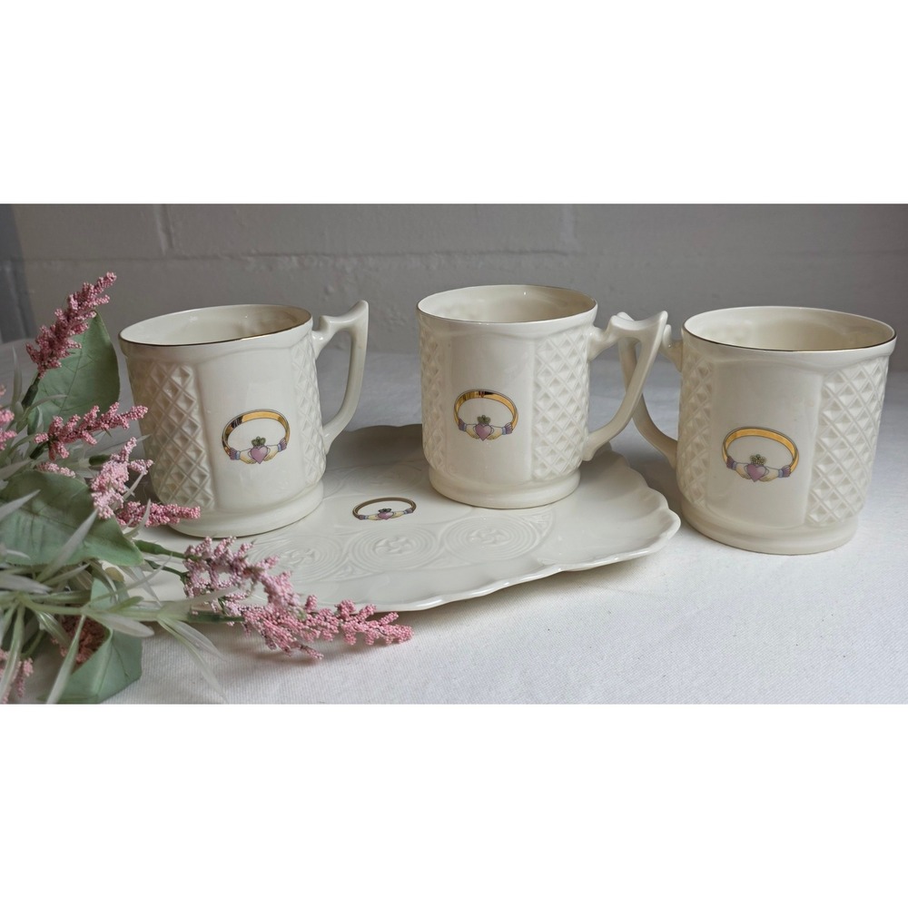 Belleeck Irish Parian China Claddagh 3 Mugs and Tray Set Cream Gold Trim Lattice
